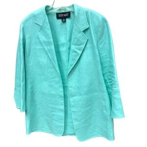 Linda Allard Ellen Tracy Linen Turquoise Blue Heavy Linen Open Blazer